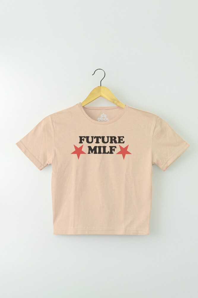 Bej Renk Crop Future Milf Yazı Baskılı Y2K Kadın Tişört Baby Tee - 1