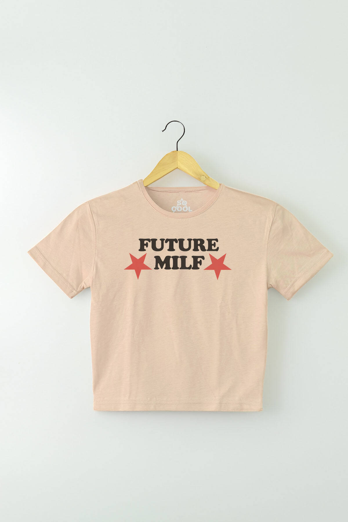 Bej Renk Crop Future Milf Yazı Baskılı Y2K Kadın Tişört Baby Tee - 1