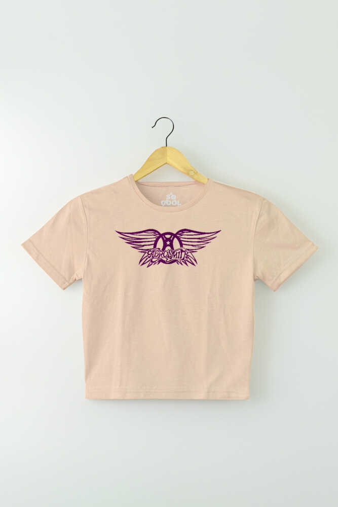 Bej Renk Crop T-shirt Aerosmith Black On Black Wings Baskılı Kadın Tişört Baby Tee - 1