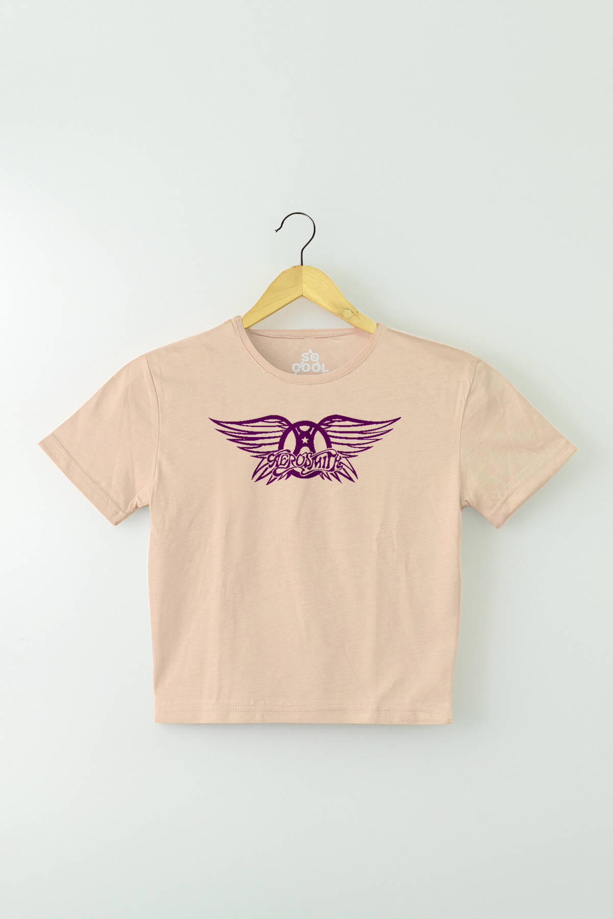 Bej Renk Crop T-shirt Aerosmith Black On Black Wings Baskılı Kadın Tişört Baby Tee
