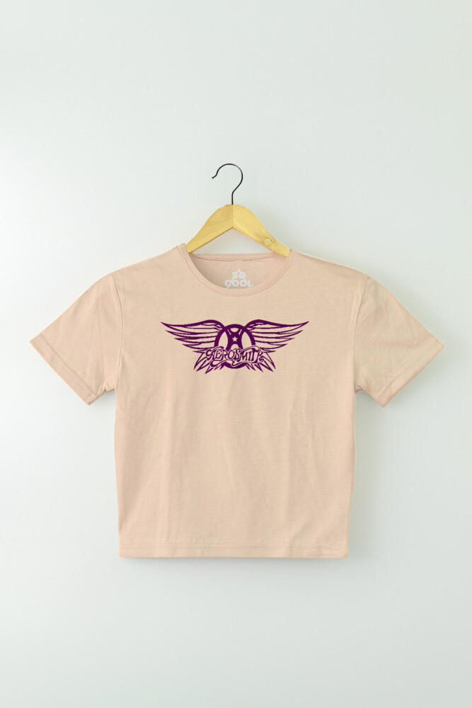 Bej Renk Crop T-shirt Aerosmith Black On Black Wings Baskılı Kadın Tişört Baby Tee - 1