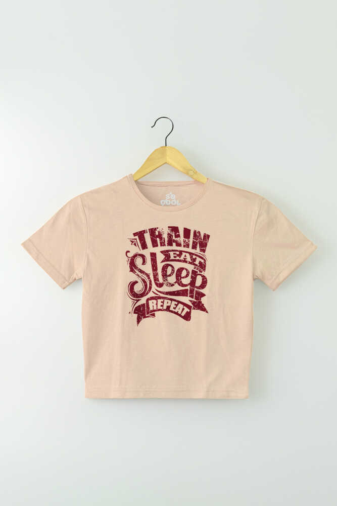 Bej Renk Crop T-shirt Eat Sleep Train Repeat Baskılı Kadın Tişört Baby Tee - 1