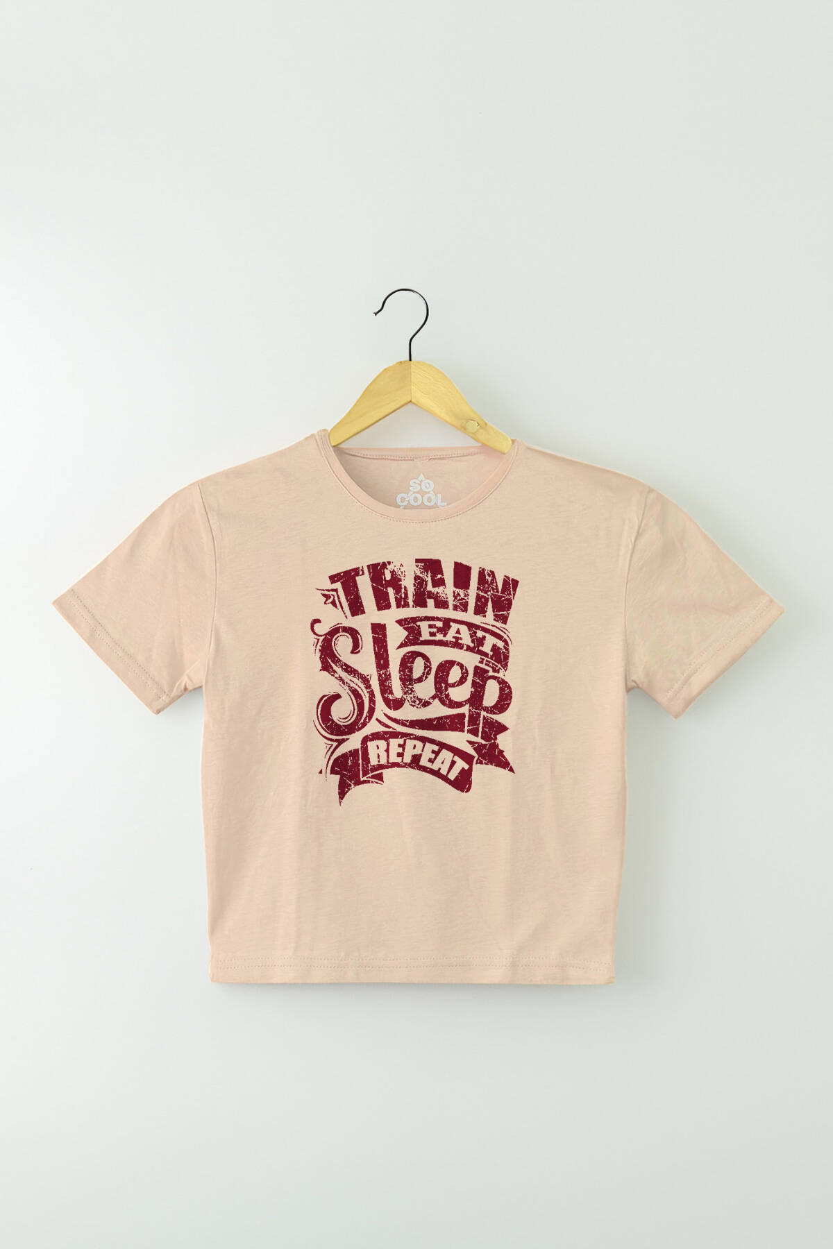 Bej Renk Crop T-shirt Eat Sleep Train Repeat Baskılı Kadın Tişört Baby Tee - 1