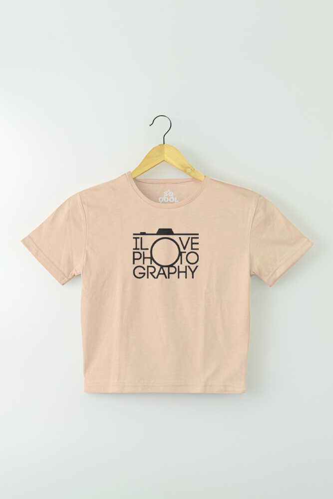 Bej Renk Crop T-shirt I Love Photography Fotoğrafçı Baskılı Kadın Tişört Baby Tee - 1