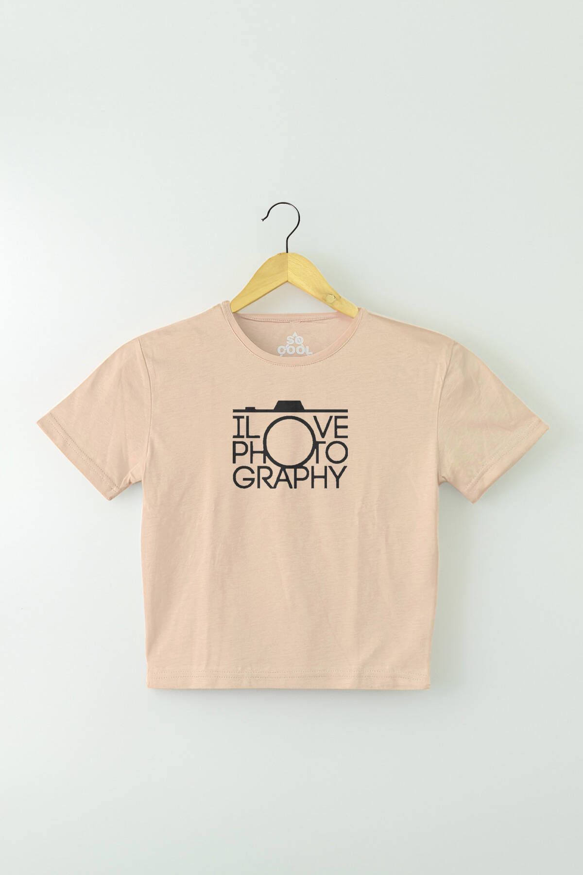 Bej Renk Crop T-shirt I Love Photography Fotoğrafçı Baskılı Kadın Tişört Baby Tee