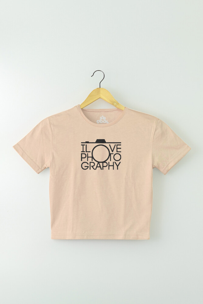 Bej Renk Crop T-shirt I Love Photography Fotoğrafçı Baskılı Kadın Tişört Baby Tee - 1