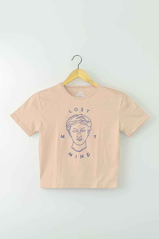 Bej Renk Crop T-shirt Lost My Mind Baskılı Kadın Tişört Baby Tee - 1