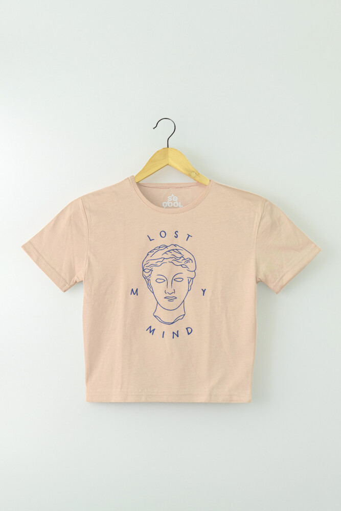 Bej Renk Crop T-shirt Lost My Mind Baskılı Kadın Tişört Baby Tee - 1