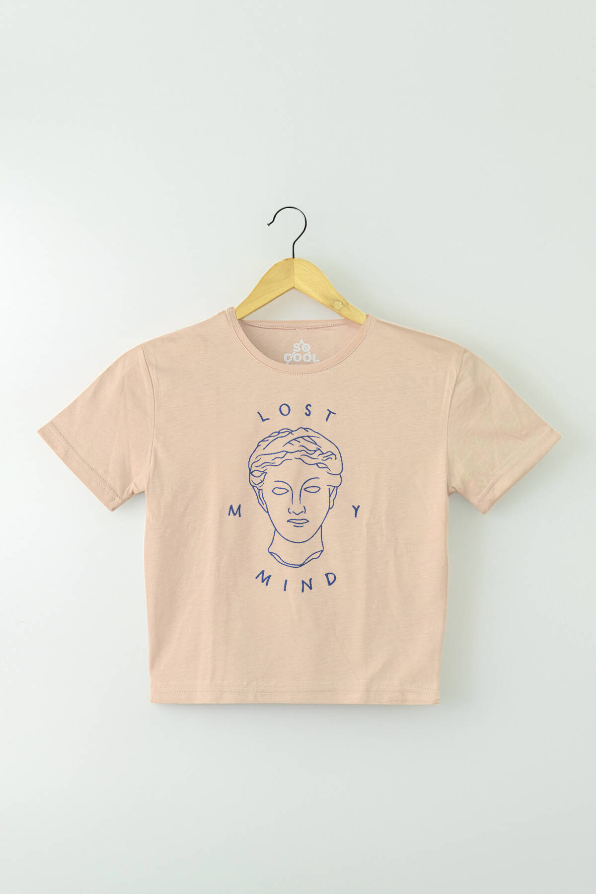 Bej Renk Crop T-shirt Lost My Mind Baskılı Kadın Tişört Baby Tee - 1