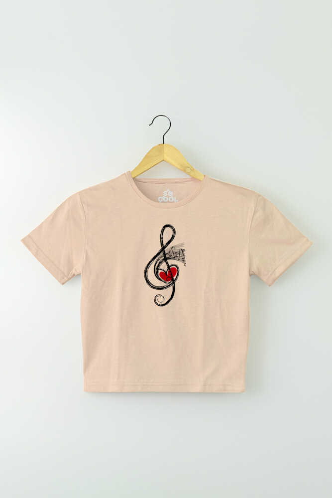 Bej Renk Crop T-shirt Müzik Nota Sol Anahtarı Music Baskılı Kadın Tişört Baby Tee - 1