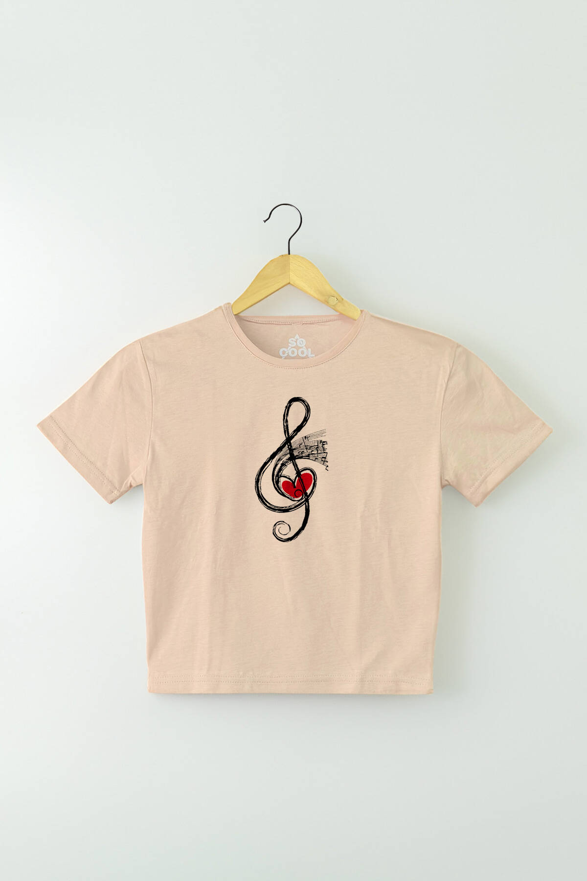 Bej Renk Crop T-shirt Müzik Nota Sol Anahtarı Music Baskılı Kadın Tişört Baby Tee