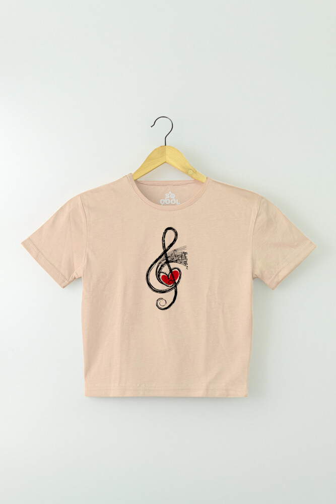 Bej Renk Crop T-shirt Müzik Nota Sol Anahtarı Music Baskılı Kadın Tişört Baby Tee - 1