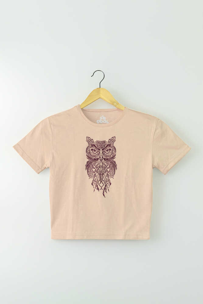 Bej Renk Crop T-shirt Owl Baykuş Design Baskılı Kadın Tişört Baby Tee - 1