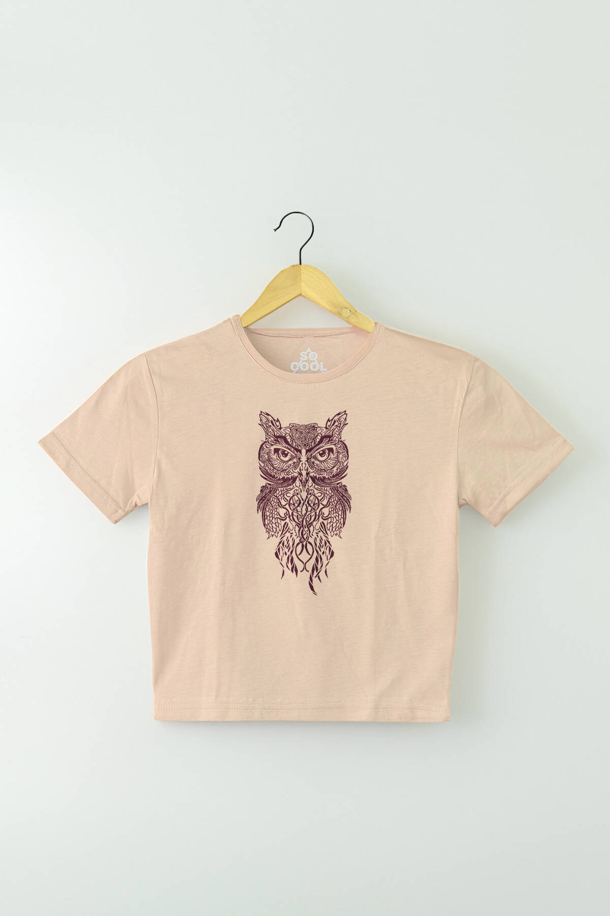 Bej Renk Crop T-shirt Owl Baykuş Design Baskılı Kadın Tişört Baby Tee