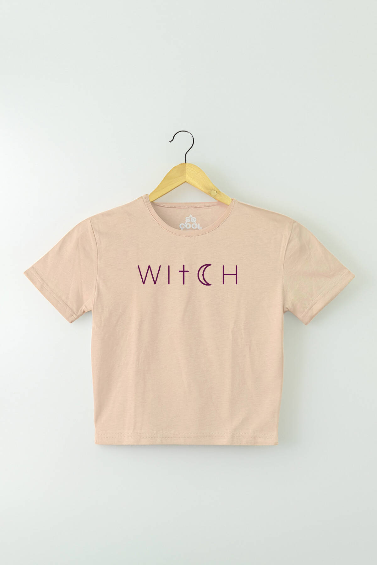Bej Renk Crop T-shirt Witch Cadı Baskılı Kadın Tişört Baby Tee