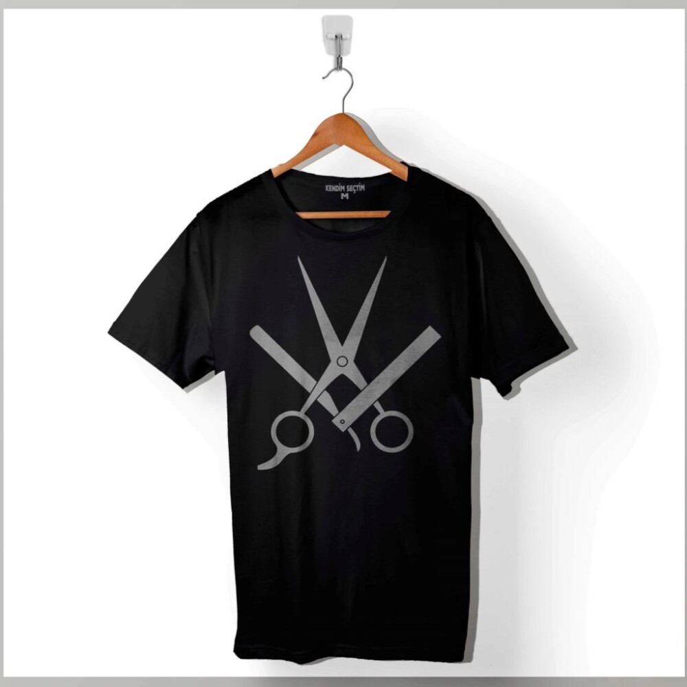 Berber Barber Kuaför Makas Tarak Saç Sakal Baskılı Tişört Unisex T-Shirt - 1