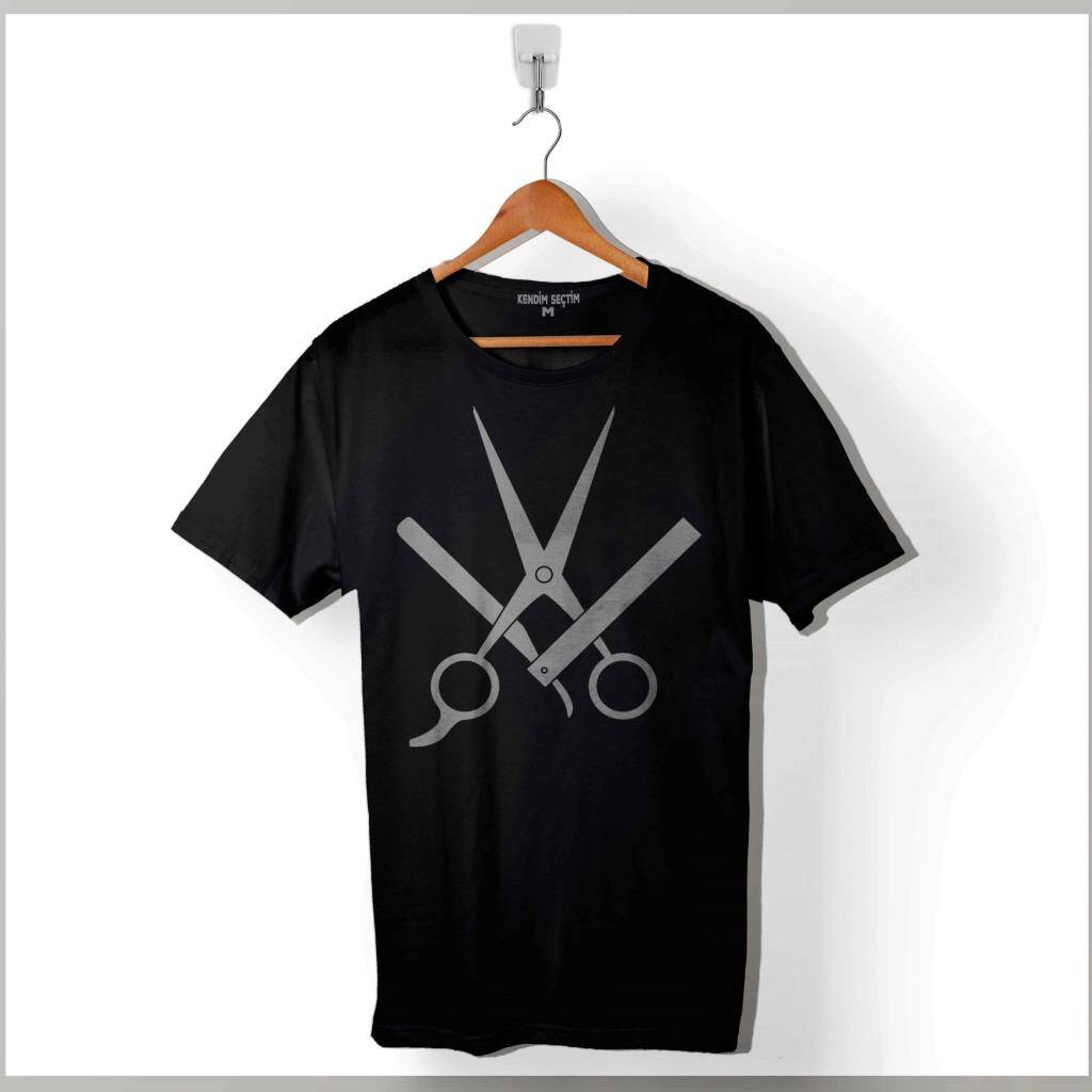 Berber Barber Kuaför Makas Tarak Saç Sakal Baskılı Tişört Unisex T-Shirt - 1