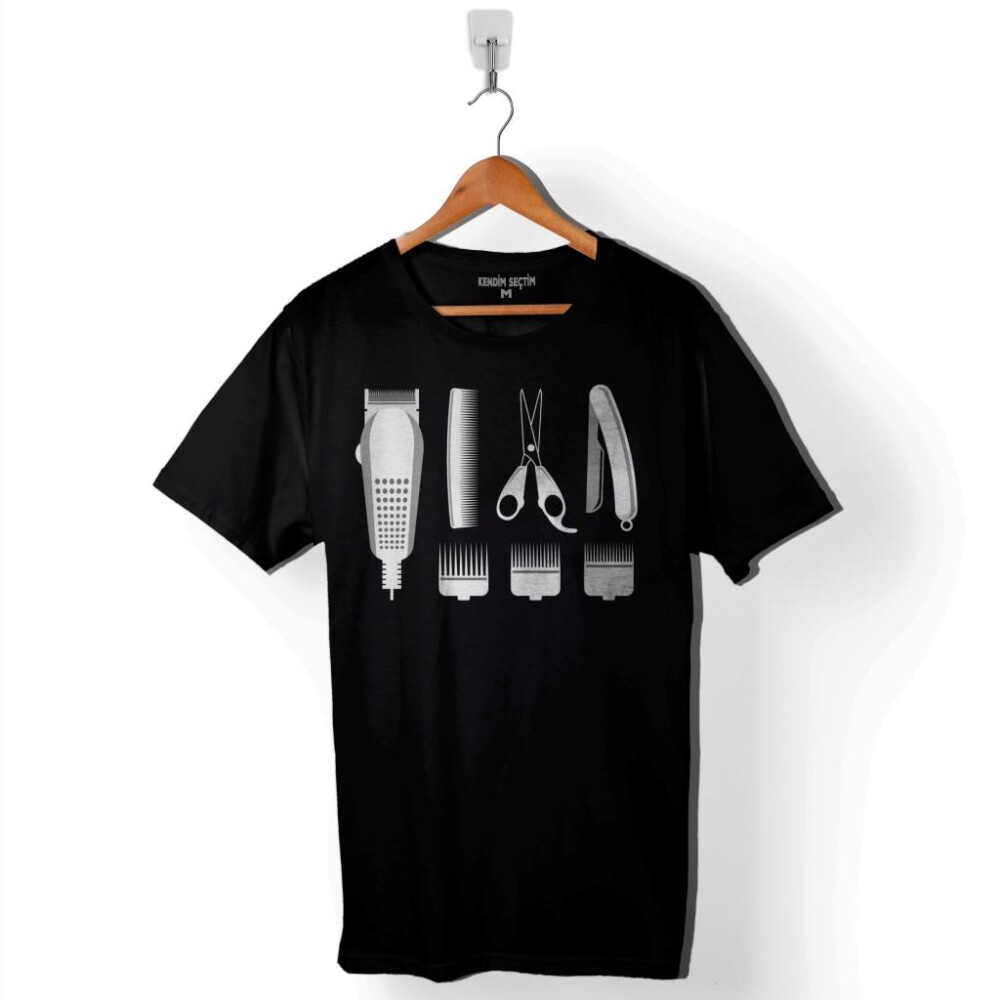 Berber Barber Kuaför Makas Tarak Saç Sakal Traş Baskılı Tişört Unisex T-Shirt - 1