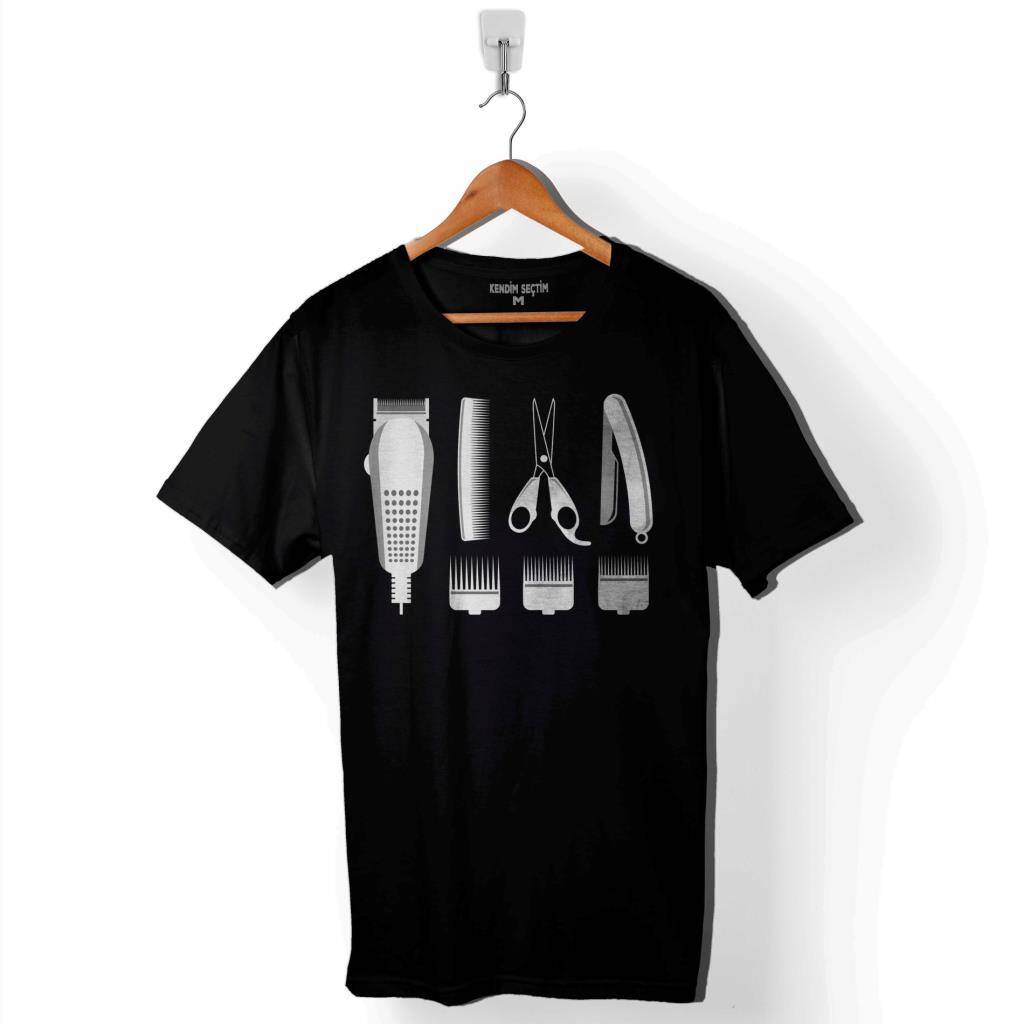 Berber Barber Kuaför Makas Tarak Saç Sakal Traş Baskılı Tişört Unisex T-Shirt - 1
