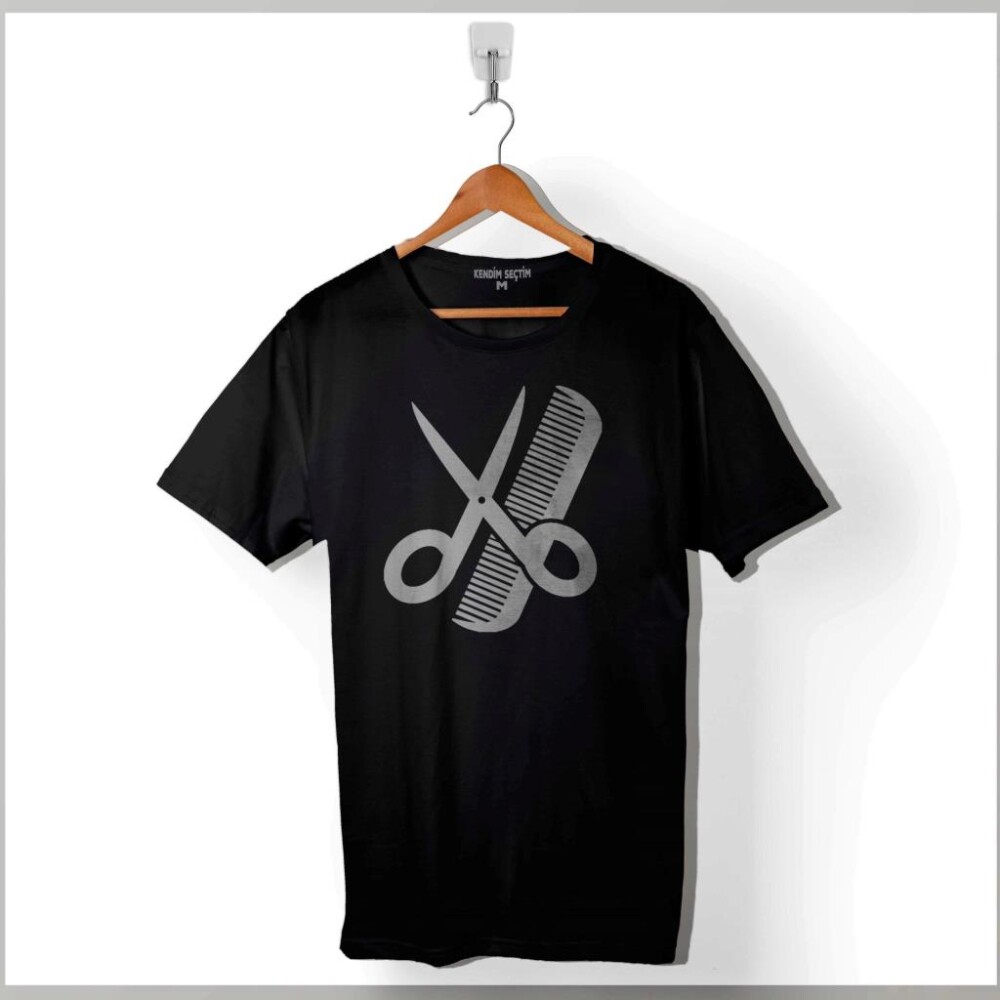Berber Barber Kuaför Makas Tarak Saç Sakal Traş Baskılı Tişört Unisex T-Shirt - 1