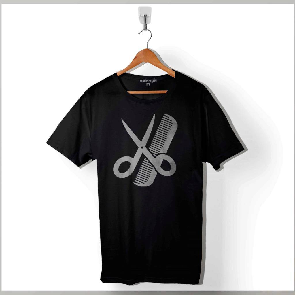 Berber Barber Kuaför Makas Tarak Saç Sakal Traş Baskılı Tişört Unisex T-Shirt - 1