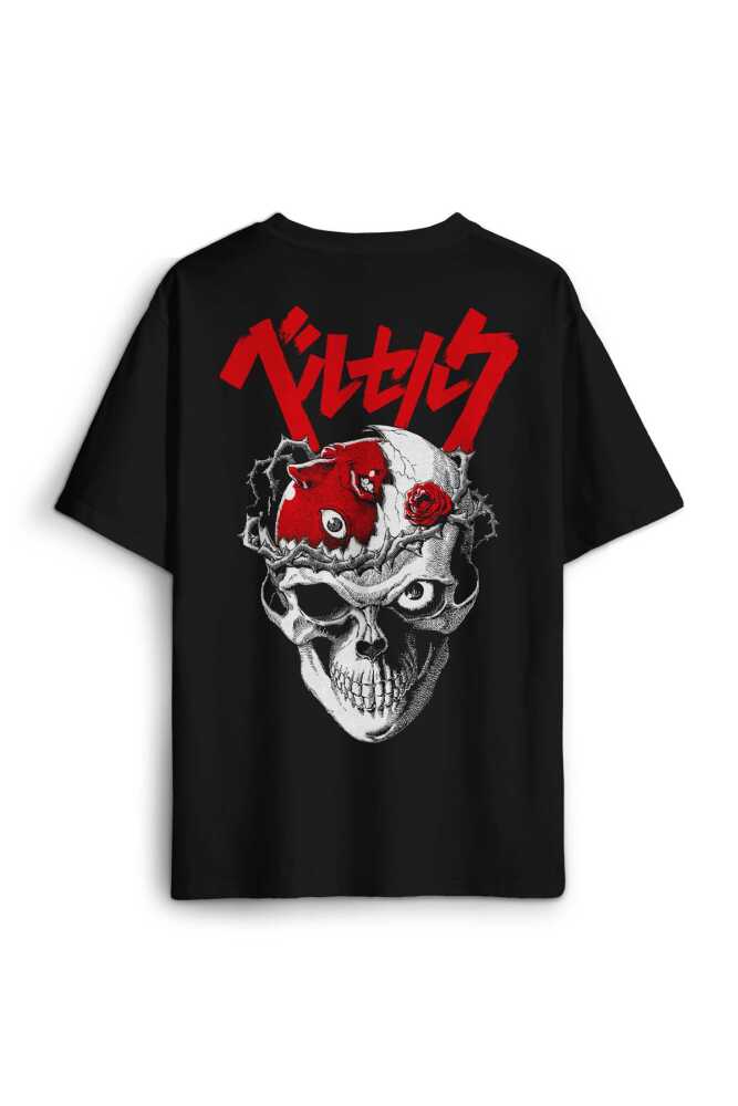 Berserk Anime Kuru Kafa Skull Kılıç Ve Büyü Guts Baskılı Oversize T-shirt Siyah Unisex Tişört
