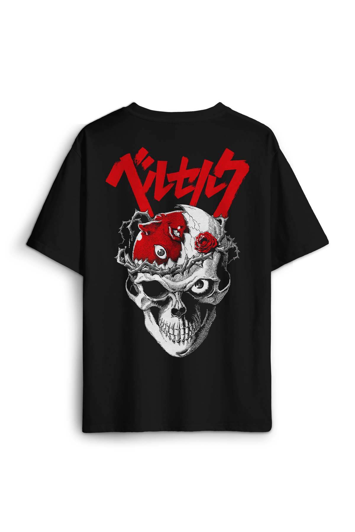Berserk Anime Kuru Kafa Skull Kılıç Ve Büyü Guts Baskılı Oversize T-shirt Siyah Unisex Tişört - 1