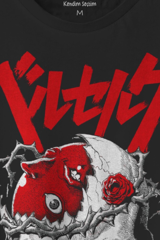 Berserk Anime Kuru Kafa Skull Kılıç Ve Büyü Guts Baskılı Siyah Unisex T-shirt - 2