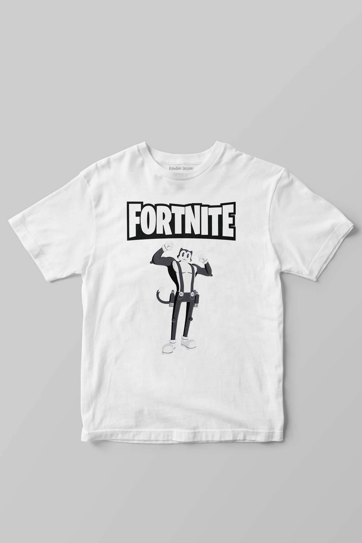 Beyaz Çocuk Tişört Fortnite Kedi Çizgi Tehlikeli Battle Royale Warrior Baskılı T-shirt - 1