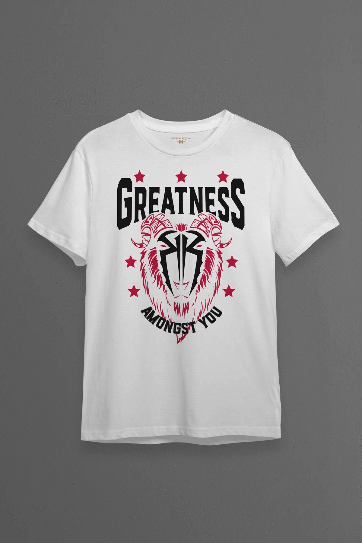 Beyaz Erkek Tişört Greatness Roman Reigns Gym Spor Fitness Baskılı T-shirt