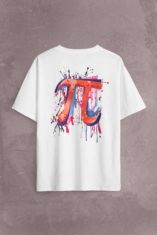 Beyaz Oversize Pi Sembolü T-Shirt Ön Sırt Baskılı