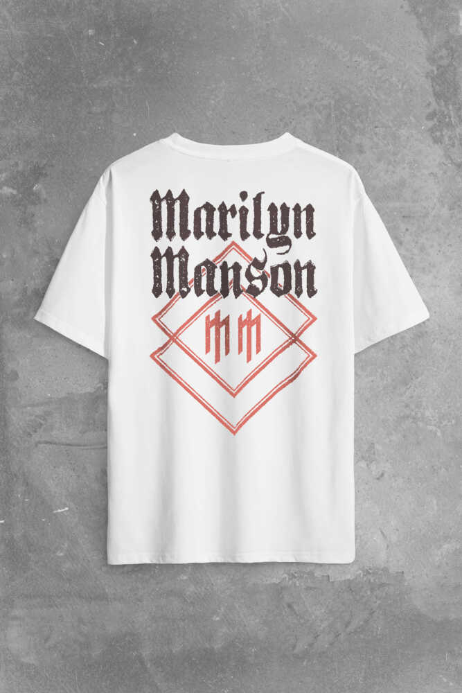 Beyaz Oversize T-shirt Marilyn Manson Logo Rock Metal Müzik Baskılı Tişört - 1