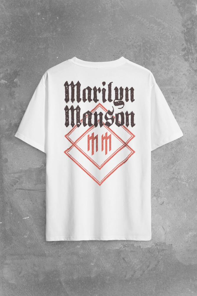 Beyaz Oversize T-shirt Marilyn Manson Logo Rock Metal Müzik Baskılı Tişört - 1