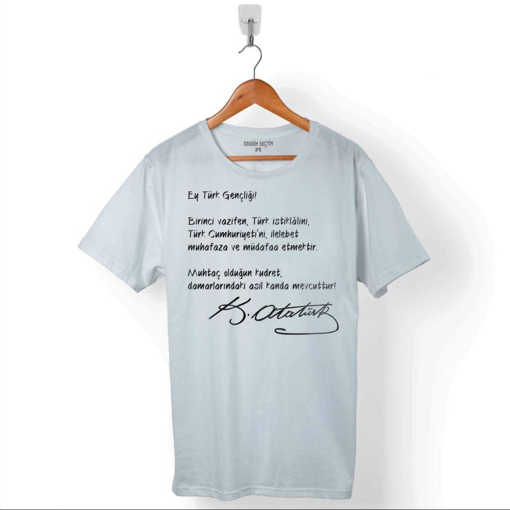 Beyaz Renk T-shirt Ey Türk Gençliği Gençliğe Hitabe Atatürk Baskılı Unisex Tişört - 1