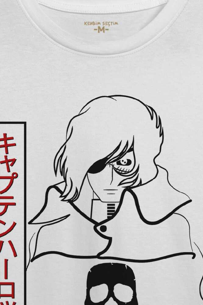Beyaz T-shirt Captain Harlock Anime Retro Uzay Korsanı Baskılı Unisex Tişört (1)