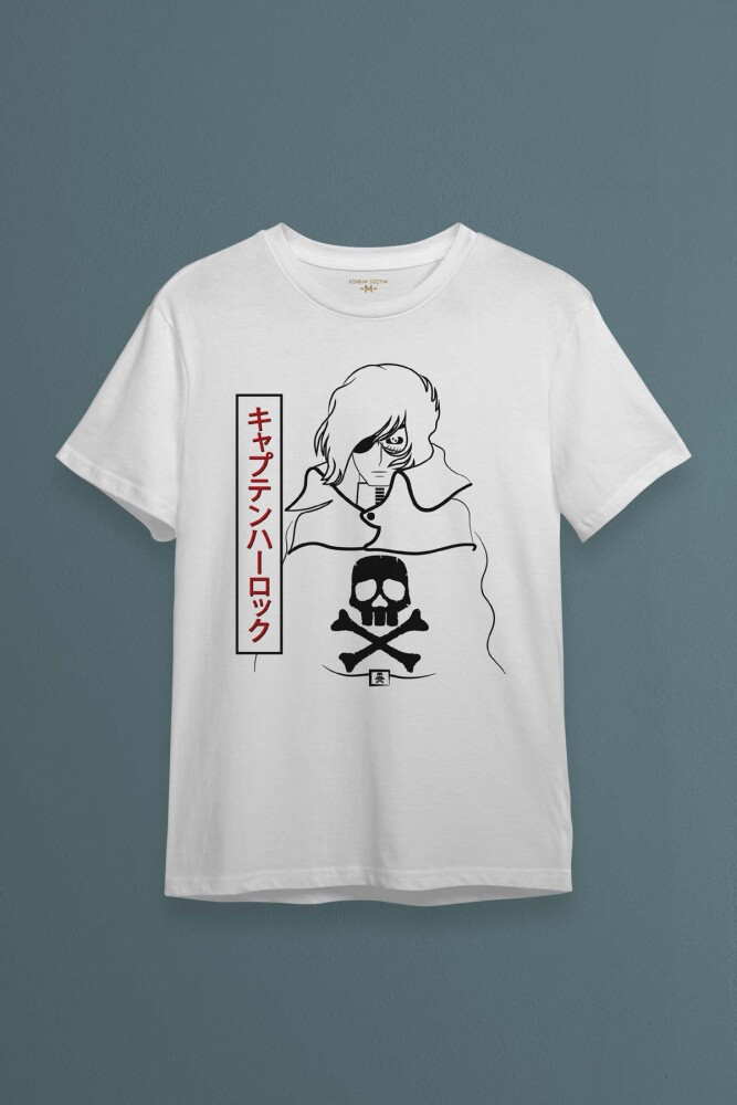 Beyaz T-shirt Captain Harlock Anime Retro Uzay Korsanı Baskılı Unisex Tişört