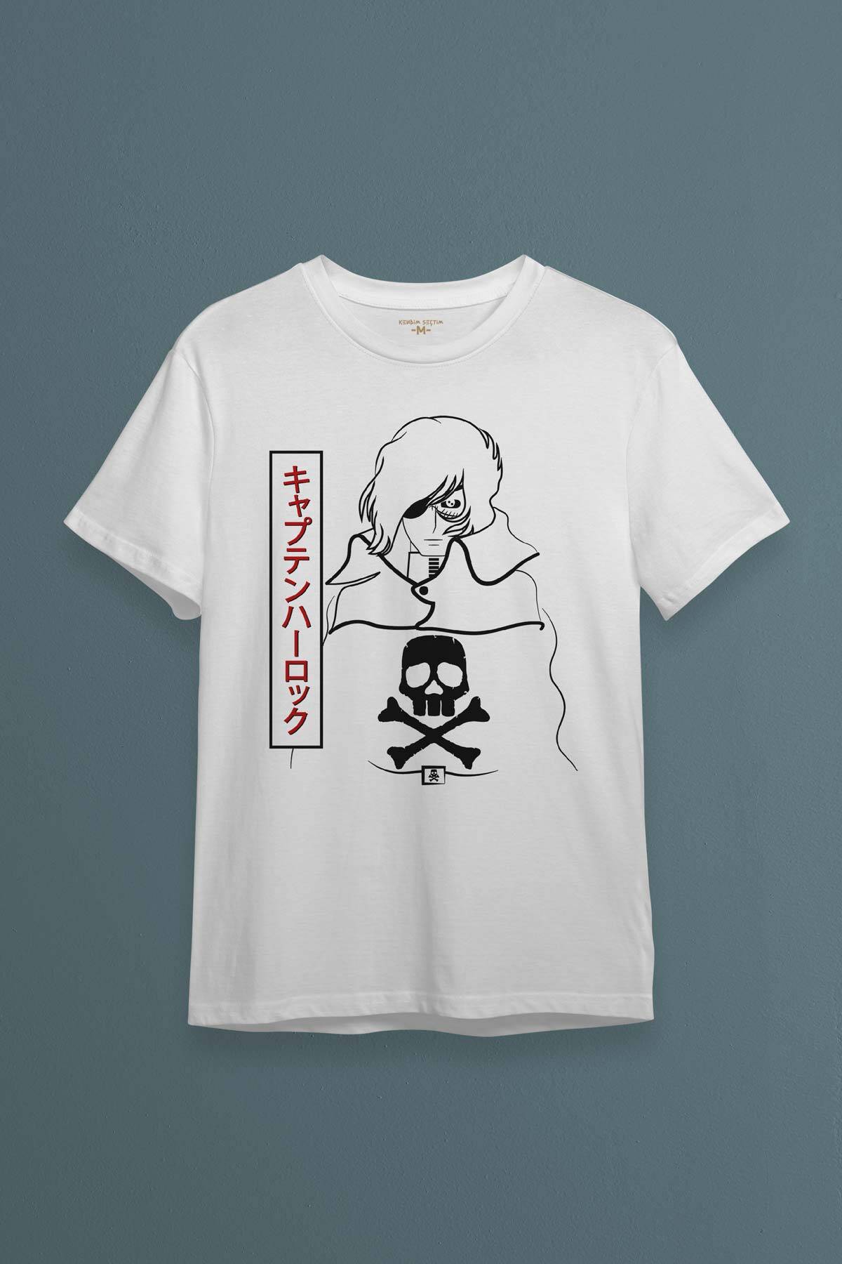 Beyaz T-shirt Captain Harlock Anime Retro Uzay Korsanı Baskılı Unisex Tişört - 1