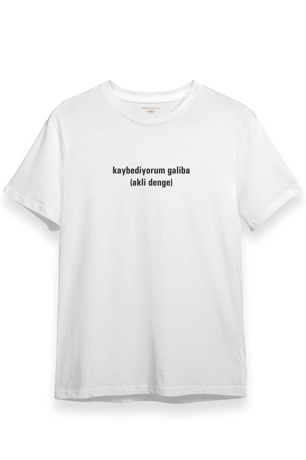 Beyaz T-shirt Kaybediyorum Galiba Akli Denge Espirili Baskılı Tişört Unisex - 1