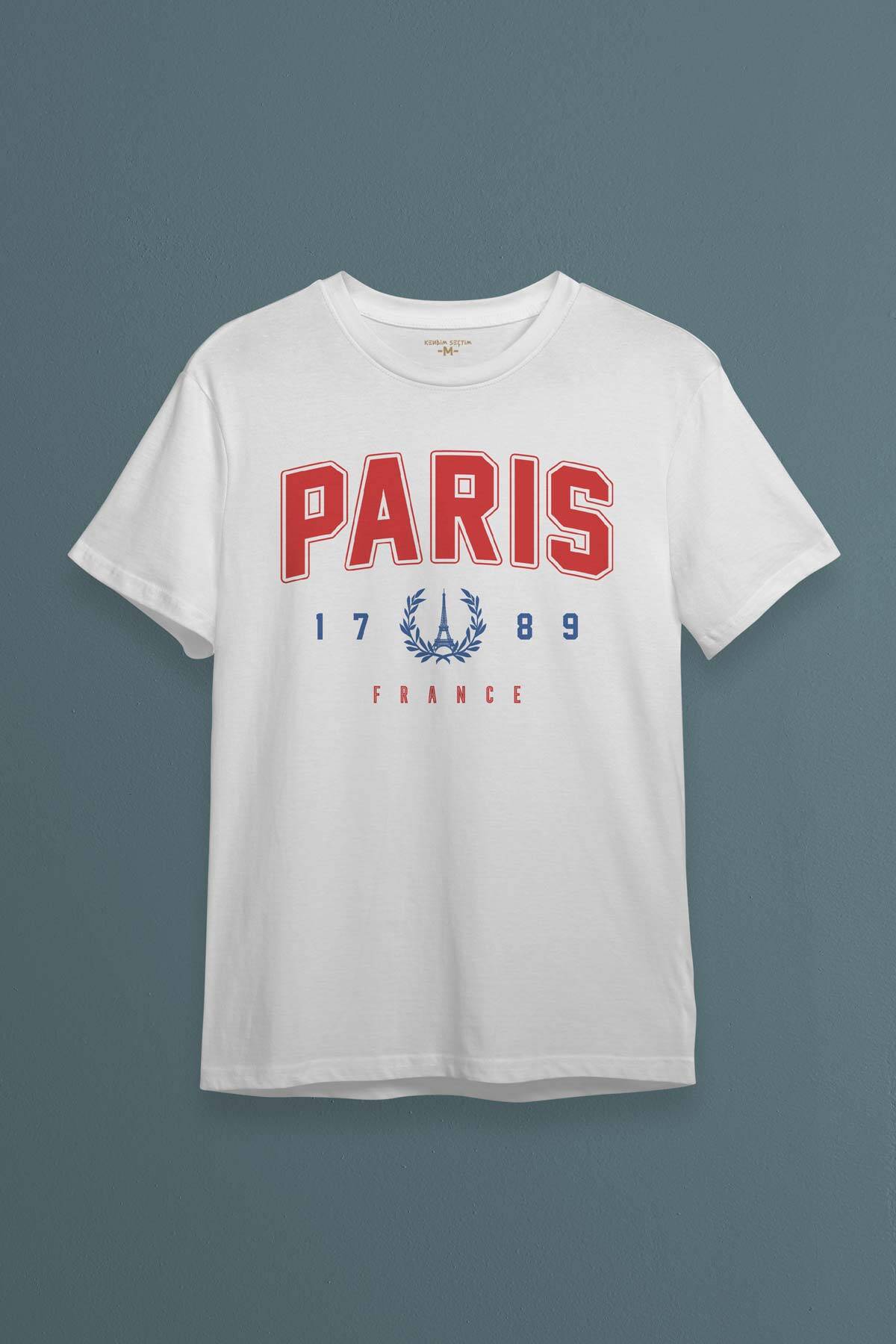 Beyaz T-shirt Paris Fransa City France Şehir Kısa Kollu Baskılı Unisex Tişört - 1