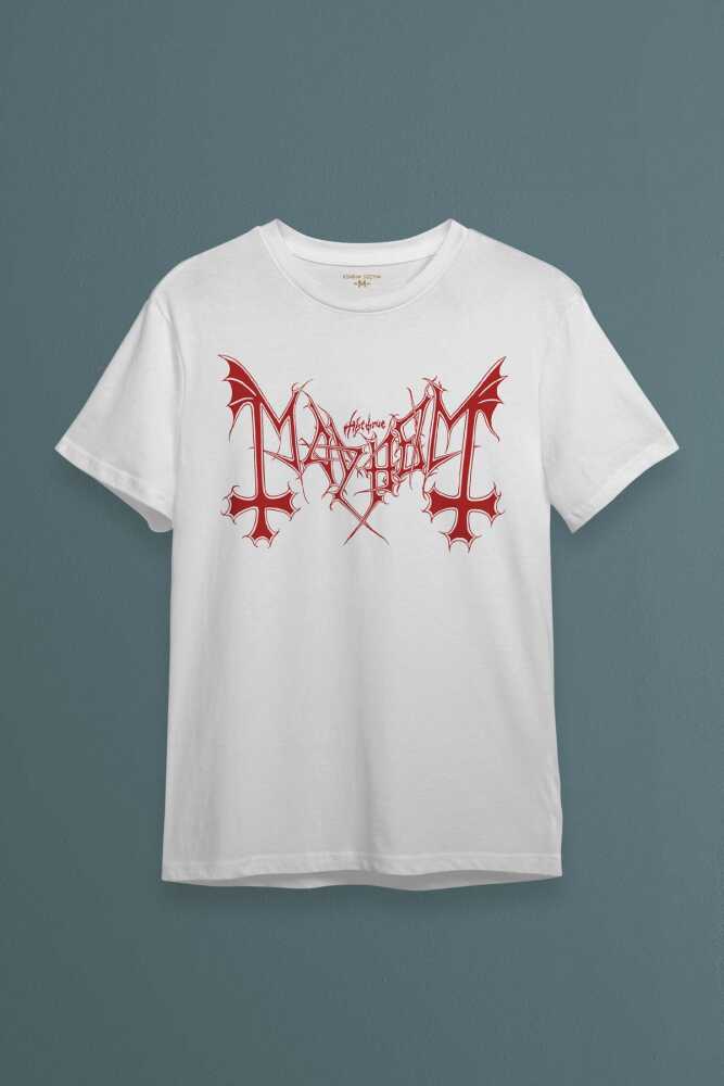 Beyaz Tişört Black Metal Mayhem Music Rock Pamuklu Unisex T-shirt