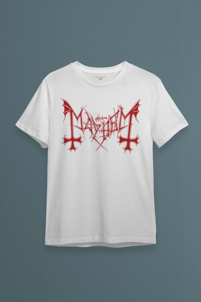 Beyaz Tişört Black Metal Mayhem Music Rock Pamuklu Unisex T-shirt - KENDİM SEÇTİM