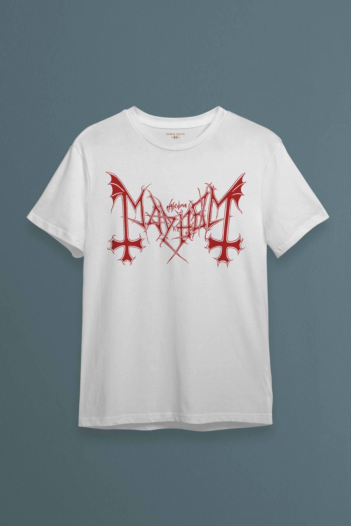Beyaz Tişört Black Metal Mayhem Music Rock Pamuklu Unisex T-shirt - 1