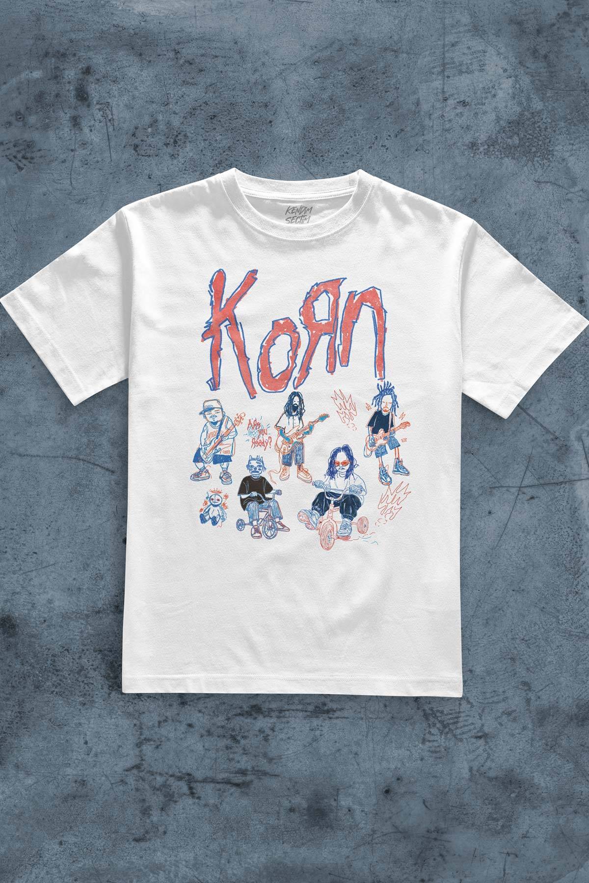 Beyaz Tişört KoRn Nu Metal RapCore Metal Music Drawing Baskılı Unisex T-shirt Regular Fit