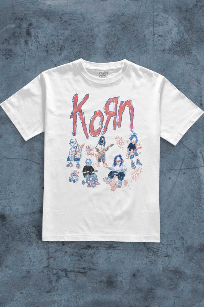 Beyaz Tişört KoRn Nu Metal RapCore Metal Music Drawing Baskılı Unisex T-shirt Regular Fit