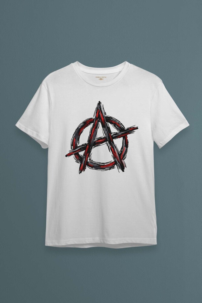 Beyaz Tişört Vintage Logo Anarchy Symbol Anarşi Retro Baskılı Unisex T-shirt - 1