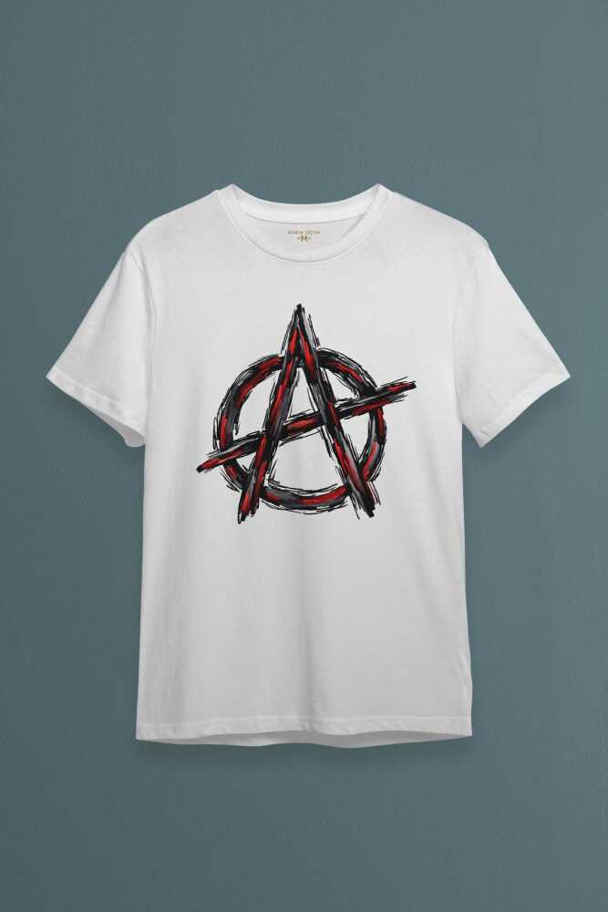 Beyaz Tişört Vintage Logo Anarchy Symbol Anarşi Retro Baskılı Unisex T-shirt