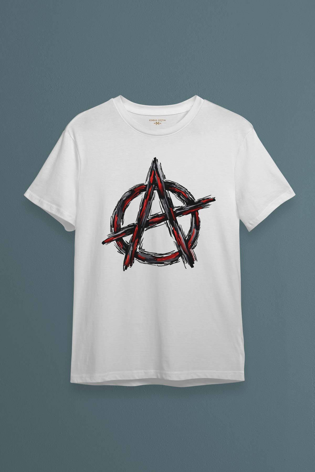 Beyaz Tişört Vintage Logo Anarchy Symbol Anarşi Retro Baskılı Unisex T-shirt - 1