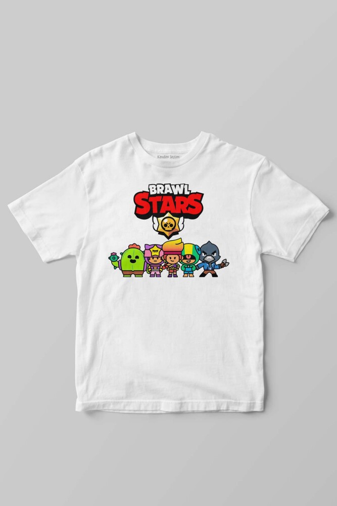 Beyaz Unisex Çocuk T-shirt Brawl Stars Savaşçı Kahramanlar Karakter Tasarımlı Tişört - KENDİM SEÇTİM