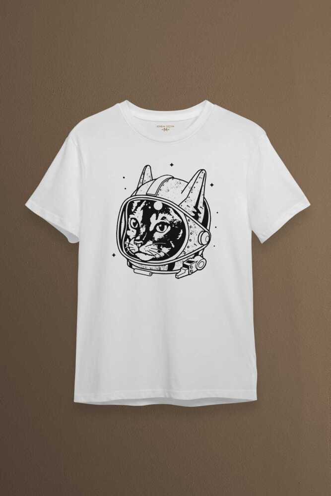 Beyaz Unisex Kedi Kozmonot Meow Astronot Cat NASA Uzay Baskılı T-shirt - 1