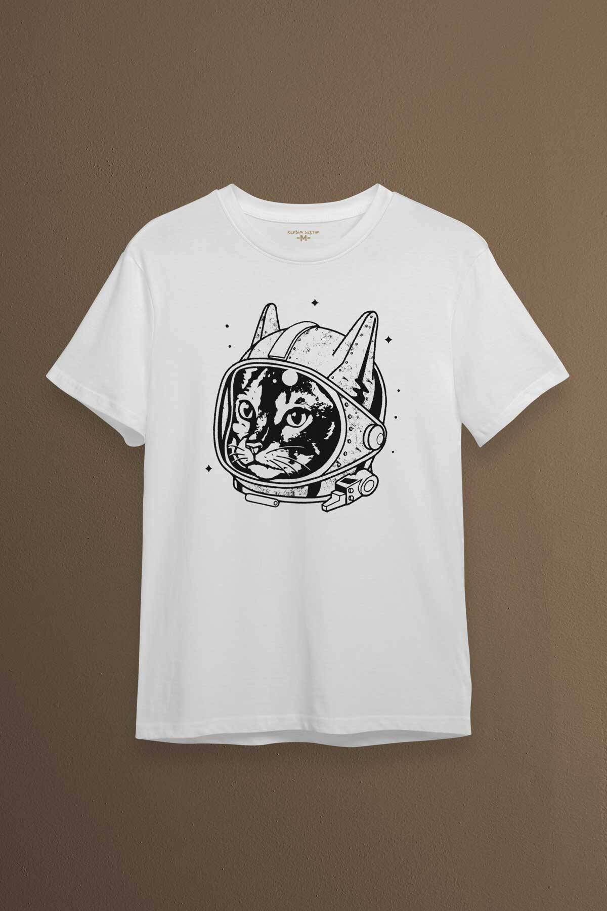 Beyaz Unisex Kedi Kozmonot Meow Astronot Cat NASA Uzay Baskılı T-shirt - 1